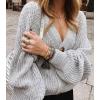 image:imageCHARTOU Womens Loose V Neck Lantern Sleeve Knit Ribbed Sweater Jacket Short Cardigan KnitwearGrey