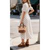 image:imageCHARTOU Womens Polka Dot Midi Dress Puff Short Sleeve Button Down Shirt Dress with Belt for Casual SummerBeige
