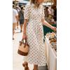 image:imageCHARTOU Womens Polka Dot Midi Dress Puff Short Sleeve Button Down Shirt Dress with Belt for Casual SummerBeige