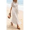 image:imageCHARTOU Womens Polka Dot Midi Dress Puff Short Sleeve Button Down Shirt Dress with Belt for Casual SummerBeige