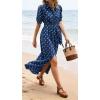 image:imageCHARTOU Womens Polka Dot Midi Dress Puff Short Sleeve Button Down Shirt Dress with Belt for Casual SummerBlue