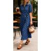 image:imageCHARTOU Womens Polka Dot Midi Dress Puff Short Sleeve Button Down Shirt Dress with Belt for Casual SummerBlue