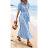 image:imageCHARTOU Womens Polka Dot Midi Dress Puff Short Sleeve Button Down Shirt Dress with Belt for Casual SummerLight Blue