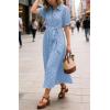 image:imageCHARTOU Womens Polka Dot Midi Dress Puff Short Sleeve Button Down Shirt Dress with Belt for Casual SummerLight Blue
