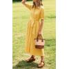 image:imageCHARTOU Womens Polka Dot Midi Dress Puff Short Sleeve Button Down Shirt Dress with Belt for Casual SummerYellow