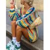 image:imageCHARTOU Womens Rainbow Striped Cable Knit Cardigan Sweaters Open Front Color Block Loose Long Sleeve OutwearColor Stripes