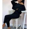 image:imageCHARTOU Womens Sexy One Shoulder 2 Pieces Outfit Chunky Cable Knit Sweater Crop Top Pants SetBlack