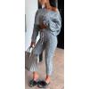 image:imageCHARTOU Womens Sexy One Shoulder 2 Pieces Outfit Chunky Cable Knit Sweater Crop Top Pants SetGrey