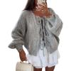 image:imageCHARTOU Tie Front Cardigan Sweater for Women y2k Streetwear Long Sleeve Knit Bow Sweater TopsGrey