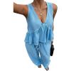 image:imageCHARTOU Two Piece Lounge Sets for Women Summer Beach Vacation Outfits Ruffle Tank Tops Cotton Wide Leg PantsBlue