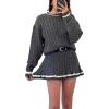 image:imageCHARTOU Two Piece Outfits for Women Sweater Skirt Contrast Trim Chunky Cable Knit Sweater Mini Skirt SetsGrey
