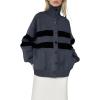 image:imageCHARTOU Women Contrast Stripes Knit Cardigan Sweater Oversized Button Down Turtleneck Sweater CoatGrey