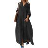 image:imageCHARTOU Women Cotton Linen Long Sleeve Dress Button Down Shirt Dress Flowy Caftan Swimsuit Beach Cover Ups SundressBlack