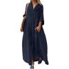 image:imageCHARTOU Women Cotton Linen Long Sleeve Dress Button Down Shirt Dress Flowy Caftan Swimsuit Beach Cover Ups SundressNavy