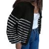 image:imageCHARTOU Women Crewneck Striped Rib Knit Cardigan Chunky Fall Winter Thick Long Sleeve Cropped Sweater TopBlack