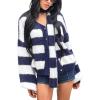 image:imageCHARTOU Women Fuzzy Knit Sweater Striped Open Front Cardigan Sweater with ScarfNavy