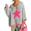 image:imageCHARTOU Women Fuzzy V Neck Off Shoulder Star Graphic Drape Oversized Pullover Sweater with Contrast TrimPink