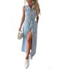 image:imageCHARTOU Women Lapel Sleeveless Denim Shirt Dress Button Down Belted Jean Dress with PocketsBlue