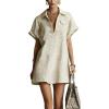 image:imageCHARTOU Women Leopard Denim Mini Dress Lapel Deep V Neck Short Cap Sleeve Summer Shirt DressBeige
