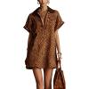 image:imageCHARTOU Women Leopard Denim Mini Dress Lapel Deep V Neck Short Cap Sleeve Summer Shirt DressBrown