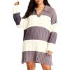 image:imageCHARTOU Women Long Sleeve Rugby Mini Sweater Dress Fall Fashion Polo Contrast Striped Knit Dress Loose TunicPurple