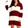 image:imageCHARTOU Women Long Sleeve Rugby Mini Sweater Dress Fall Fashion Polo Contrast Striped Knit Dress Loose TunicWine