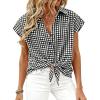 image:imageCHARTOU Women Plaid Summer Top Lapel Cap Short Sleeve Button Down Shirt Dressy Casual Work BlousesBlack