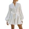 image:imageCHARTOU Women Polka Dot Shirt Mini Dress Puff Sleeve Button Bow Tie High Waist A Line Dress with BeltWhite