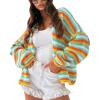 image:imageCHARTOU Women Rainbow Stripes Knit Cardigan Sweater Oversized Open Front Long Sleeve Sweater CoatBlue