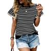 image:imageCHARTOU Women Striped Summer Top Eyelet Lace Ruffle Short Sleeve Crewneck Pullover T Shirts Dressy CasualBlack