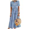 image:imageCHARTOU Women Summer Layer Denim Maxi Dress Short Sleeve Button Down Patchwork Shirt Dress with PocketLight Blue