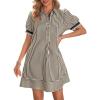 image:imageCHARTOU Women Summer Striped Shirt Dress Lapel Puff Short Sleeve Half Button A Line Dress with PocketsBlack