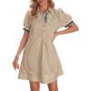 image:imageCHARTOU Women Summer Striped Shirt Dress Lapel Puff Short Sleeve Half Button A Line Dress with PocketsKhaki