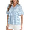 image:imageCHARTOU Women Summer Striped Shirt Top Lapel V Neck Smocked Puff Short Sleeve Babydoll BlousesBlue
