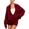 image:imageCHARTOU Women Sweater Shorts 2 Pieces Outfits Fall Oversized Deep V Neck Lapel Pullover Knit Shorts Lounge SetWine