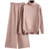 image:imageCHARTOU Womens Casual 2 Piece Knit Sweater Pants Set Turtleneck Jumper Wide Leg Pants OutfitsPink