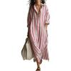 image:imageCHARTOU Womens Casual Striped Shirt Dress Long Sleeve Summer Boho Vacation Tunic Lapel Slit Loose Maxi DressPink