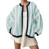 image:imageCHARTOU Womens Contrast Striped Open Front Cardigan Oversized Balloon Sleeve Knit Fall Sweater CoatiganPea Green