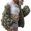 image:imageCHARTOU Womens Cute Lantern Sleeve Cable Knit Sweater Jacket Crochet Open Front CardiganArmy Green