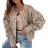 image:imageCHARTOU Womens Loose Fit Lightweight O Neck Long Sleeve Button Down Plaid JacketKhaki