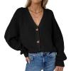 image:imageCHARTOU Womens Loose V Neck Lantern Sleeve Knit Ribbed Sweater Jacket Short Cardigan KnitwearBlack