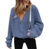 image:imageCHARTOU Womens Loose V Neck Lantern Sleeve Knit Ribbed Sweater Jacket Short Cardigan KnitwearBlue
