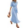 image:imageCHARTOU Womens Polka Dot Midi Dress Puff Short Sleeve Button Down Shirt Dress with Belt for Casual SummerLight Blue
