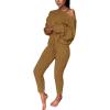 image:imageCHARTOU Womens Sexy One Shoulder 2 Pieces Outfit Chunky Cable Knit Sweater Crop Top Pants SetCamel
