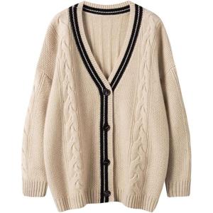 image:imageCHARTOU Chunky Cardigan Sweaters for Women Contrast Trim Loose Open Front Fall Cardigan CoatApricot