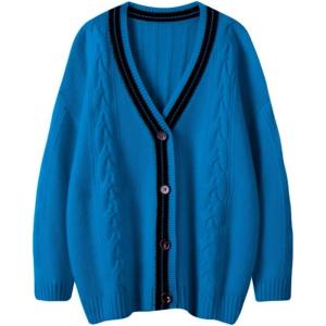 image:imageCHARTOU Chunky Cardigan Sweaters for Women Contrast Trim Loose Open Front Fall Cardigan CoatBlue