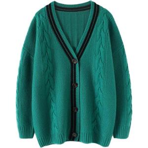 image:imageCHARTOU Chunky Cardigan Sweaters for Women Contrast Trim Loose Open Front Fall Cardigan CoatGreen