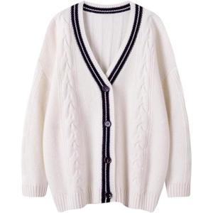 image:imageCHARTOU Chunky Cardigan Sweaters for Women Contrast Trim Loose Open Front Fall Cardigan CoatWhite