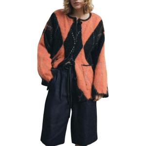 image:imageCHARTOU Diamond Checkered Cardigan Sweaters for Women Trendy Button Down Oversized Crewneck Cardigans CoatDiamond