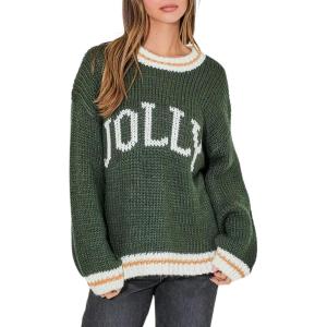image:imageCHARTOU Fall Chunky Pullover Sweaters for Women 2024 Trendy Y2k Knit Letter Contrast Color Outwear Tops CuteGreen